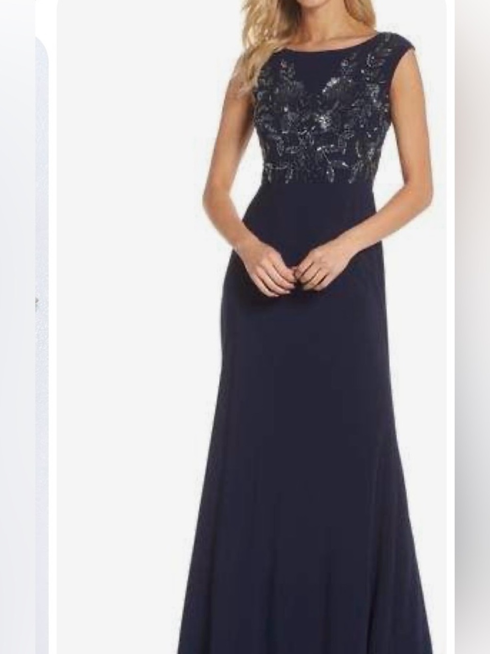 Adrianna Papell Navy Beaded Floral Bodice Gown
